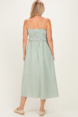 Olive Striped Front Tie Cutout Ruffle Midi Dress