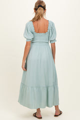 Sage Smocked Puff Sleeve Ruffle Trim Maternity Midi Dress