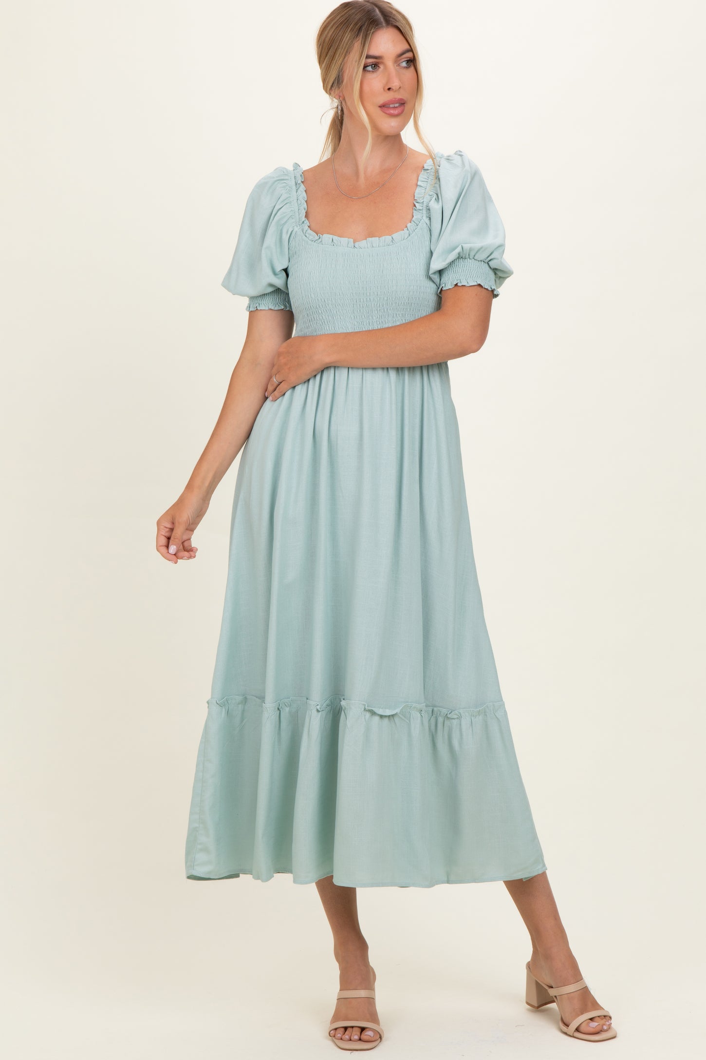 Sage Smocked Puff Sleeve Ruffle Trim Midi Dress