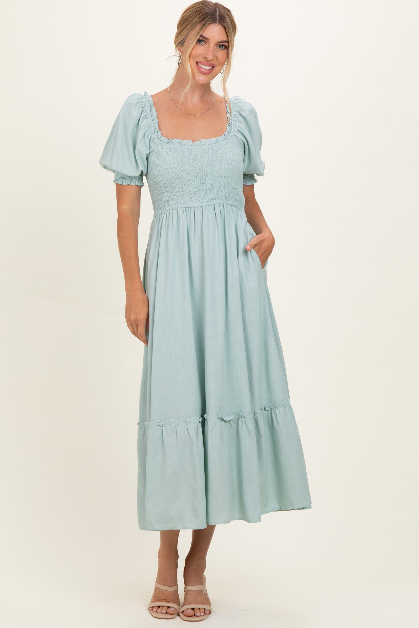 Sage Smocked Puff Sleeve Ruffle Trim Midi Dress
