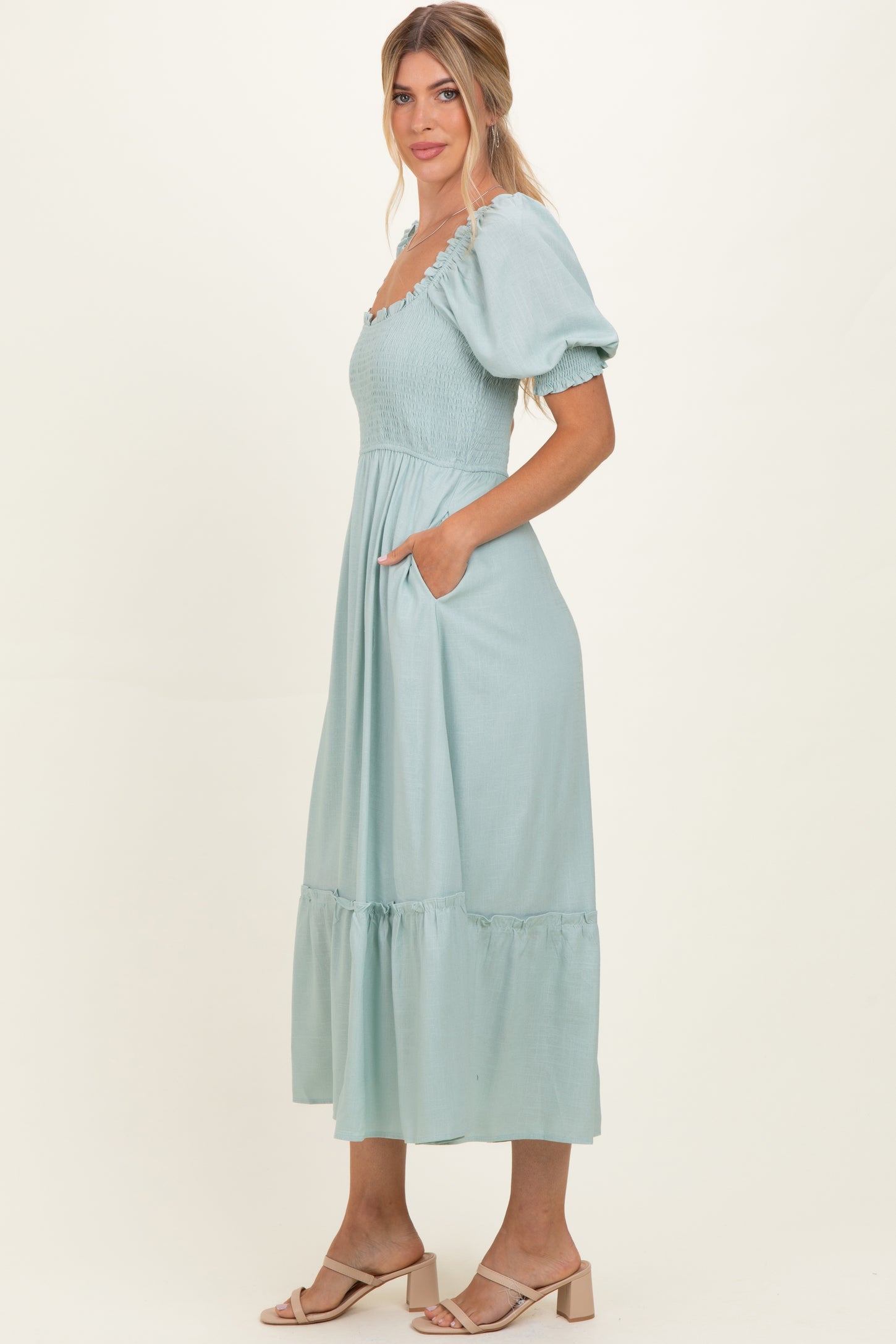 Sage Smocked Puff Sleeve Ruffle Trim Midi Dress