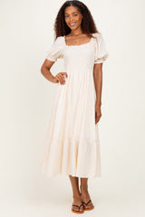 Cream Smocked Puff Sleeve Ruffle Trim Midi Dress