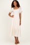 Cream Smocked Puff Sleeve Ruffle Trim Midi Dress