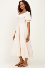 Cream Smocked Puff Sleeve Ruffle Trim Midi Dress