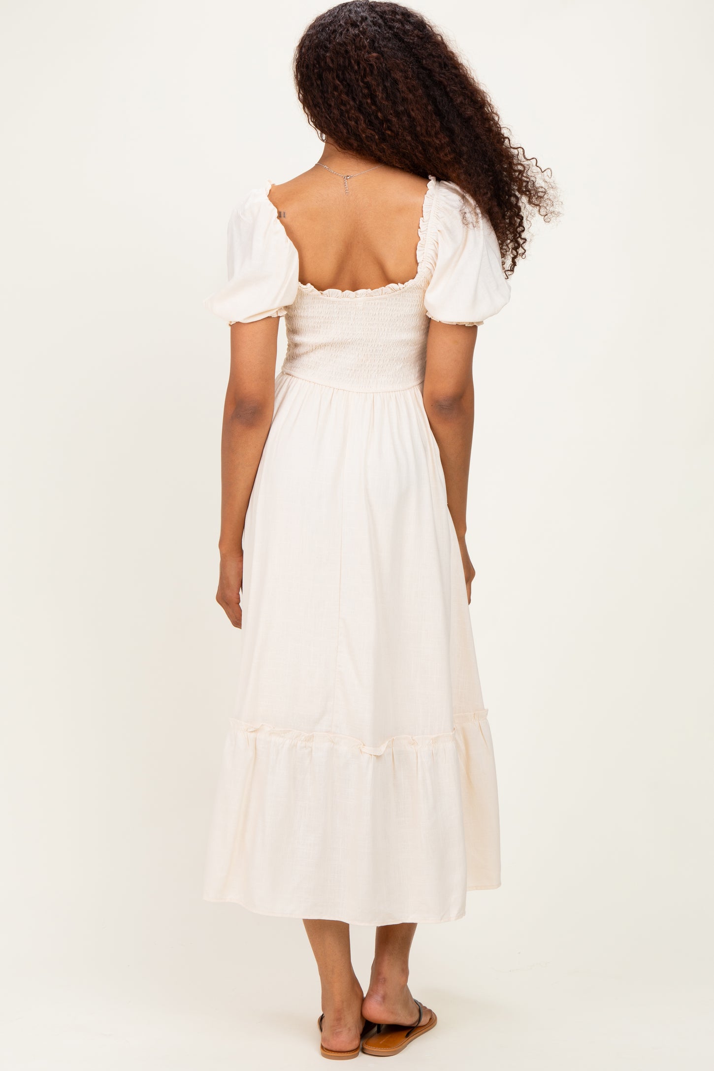 Cream Smocked Puff Sleeve Ruffle Trim Midi Dress