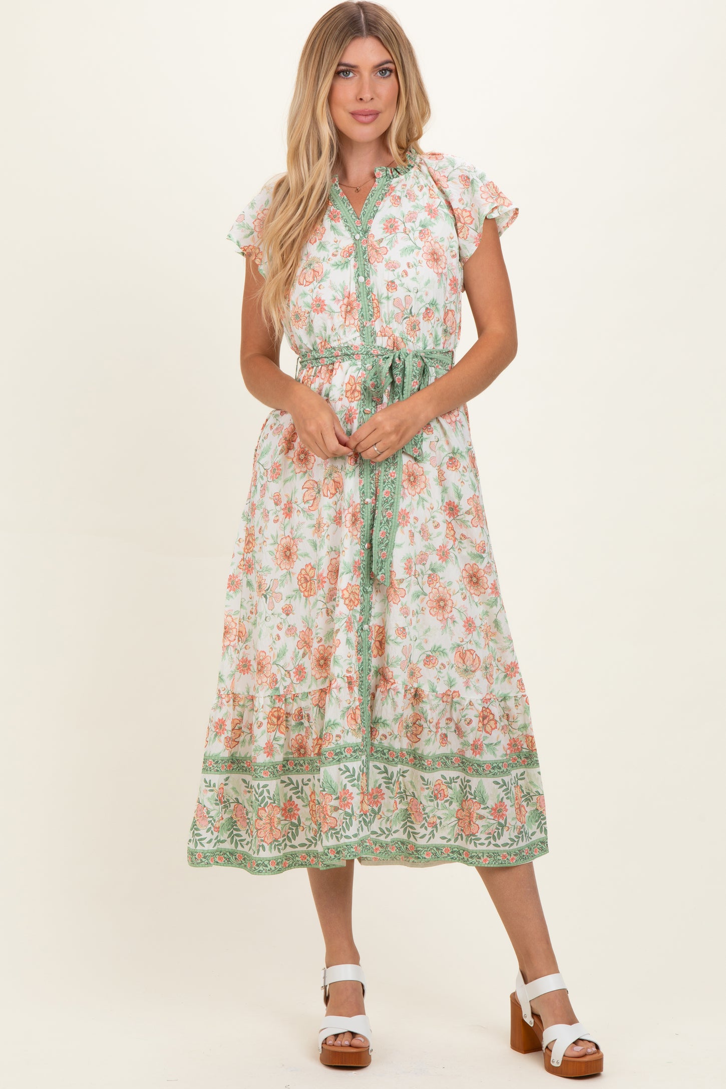 Olive Contrast Floral Maternity Shirt Dress