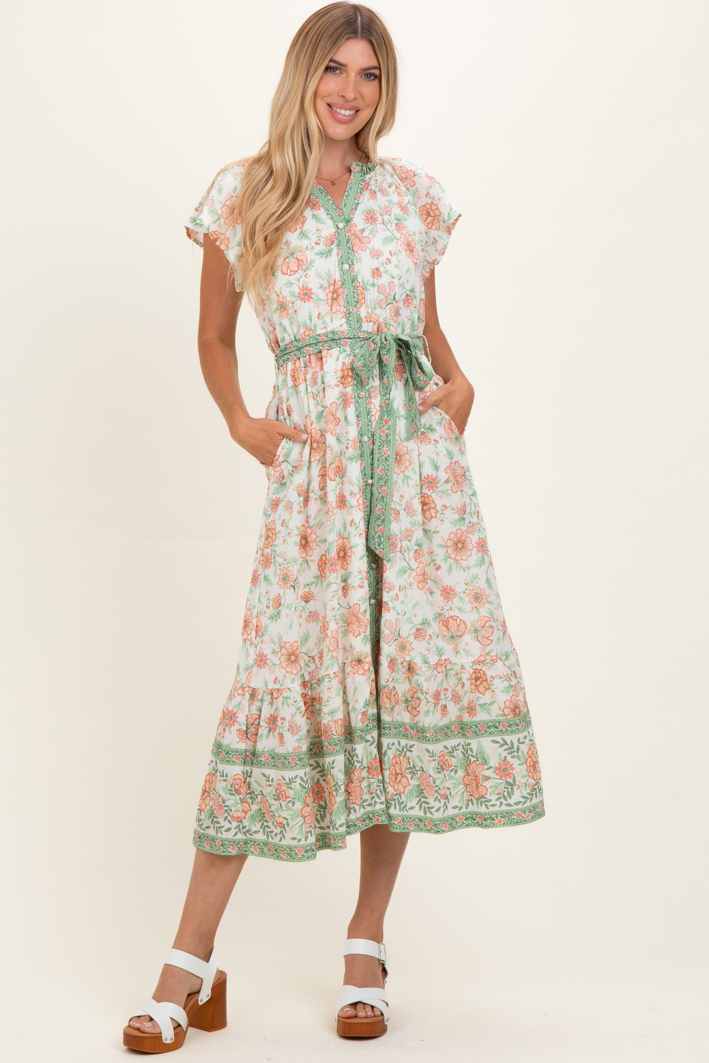Olive Contrast Floral Shirt Dress