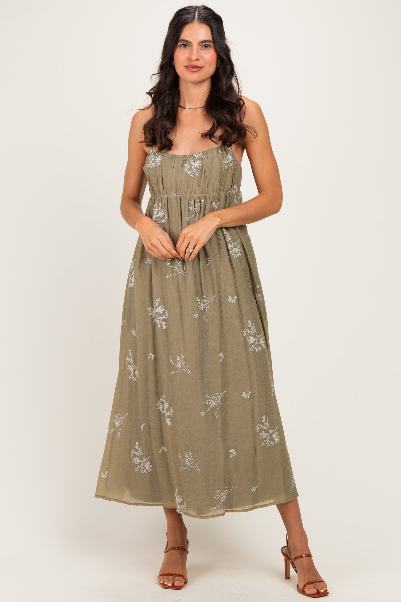 Olive Floral Sweetheart Pleated Maternity Midi Dress