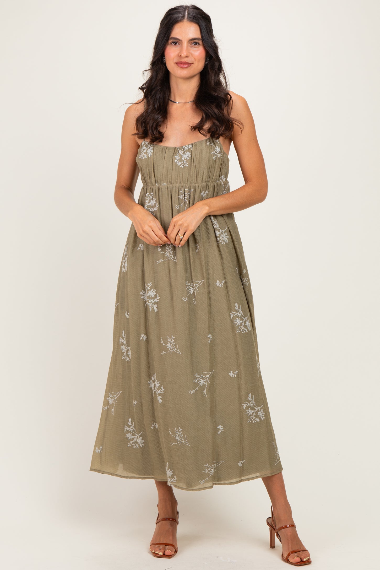 Olive Floral Sweetheart Pleated Maternity Midi Dress