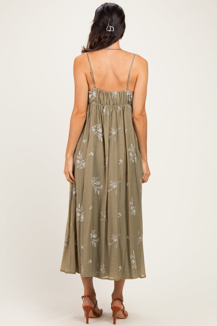 Olive Floral Pleated Maternity Midi Dress