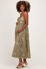 Olive Floral Sweetheart Pleated Maternity Midi Dress