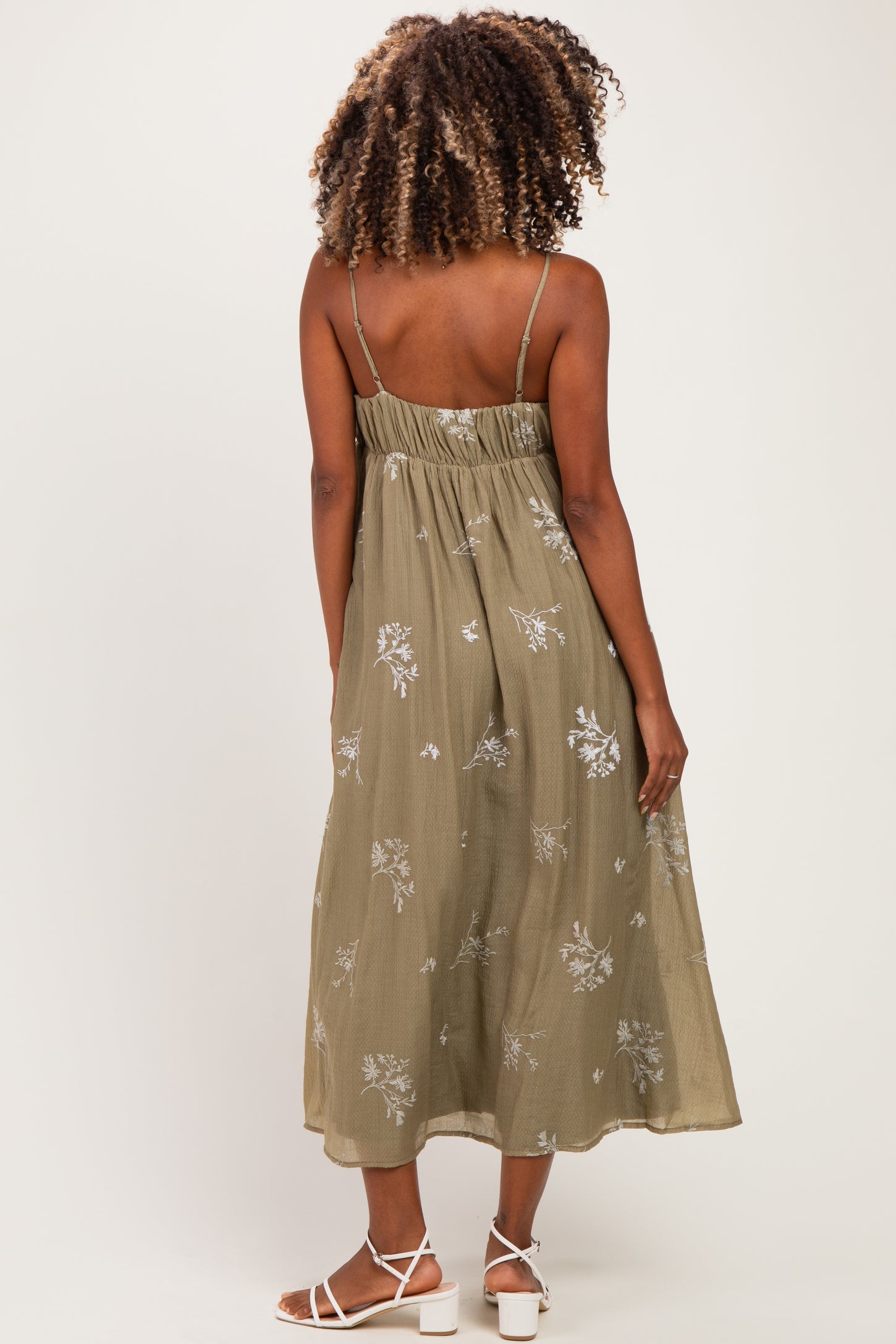 Olive Floral Sweetheart Pleated Maternity Midi Dress
