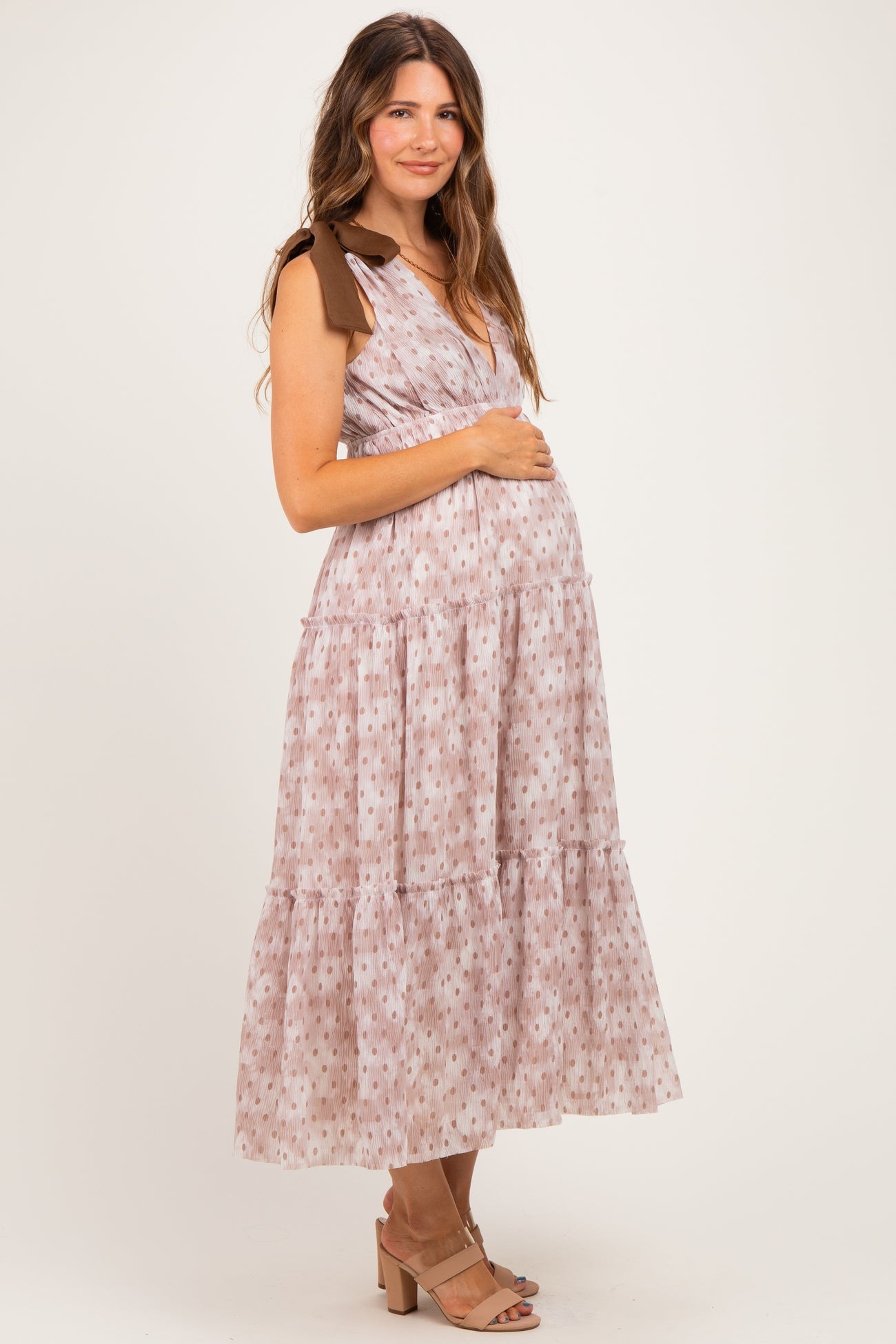 Ivory Floral Deep V Shoulder Tie Maternity Dress