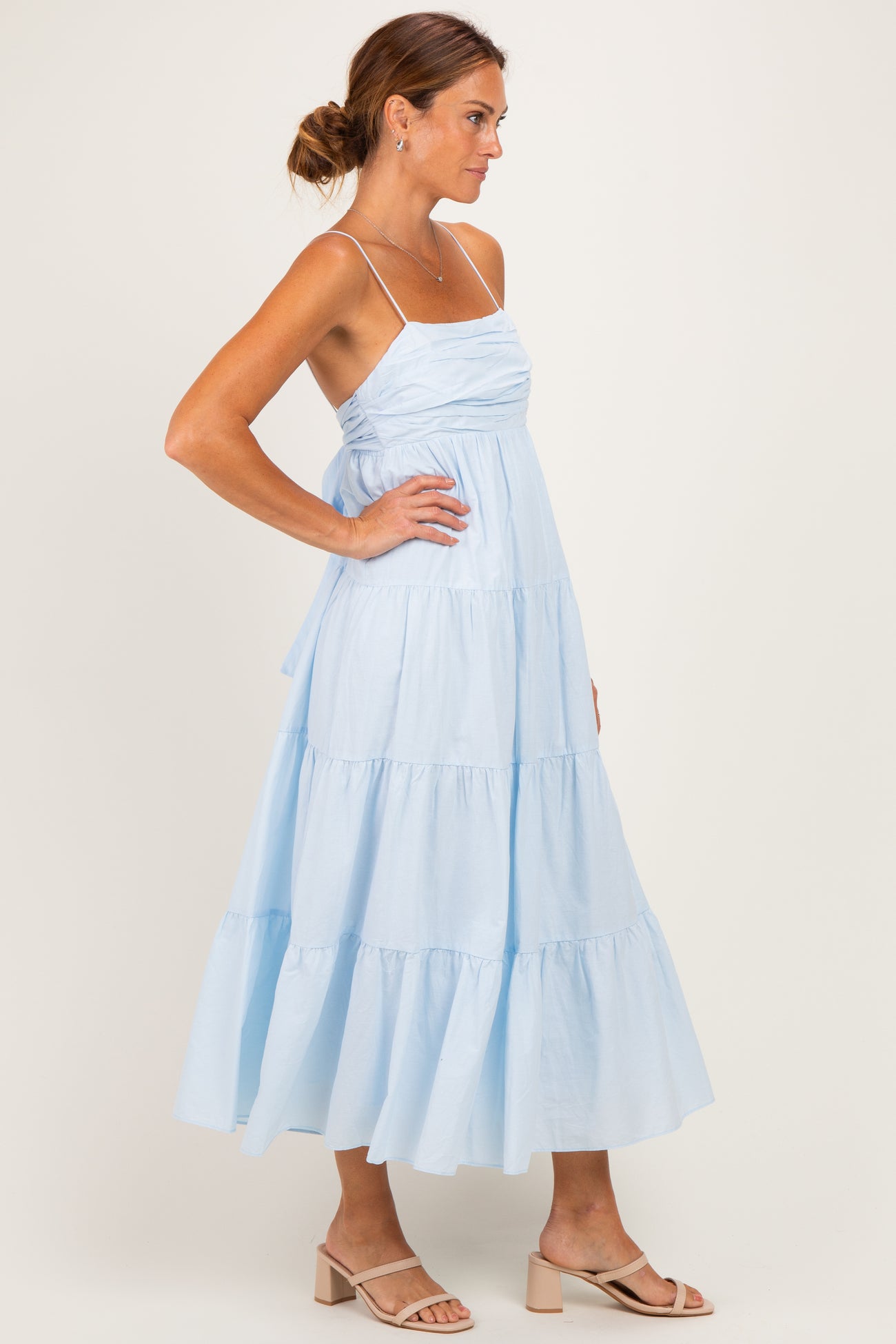 Light Blue Tiered Bow Detail Midi Dress