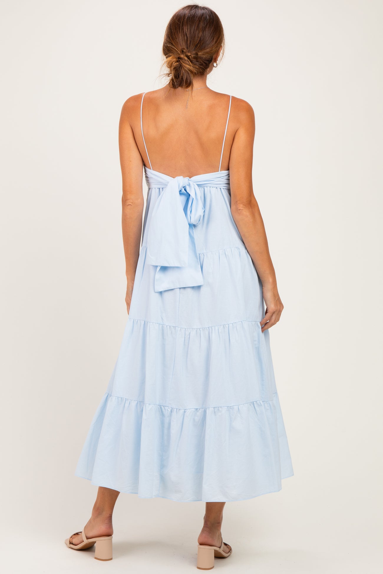 Light Blue Tiered Bow Detail Midi Dress