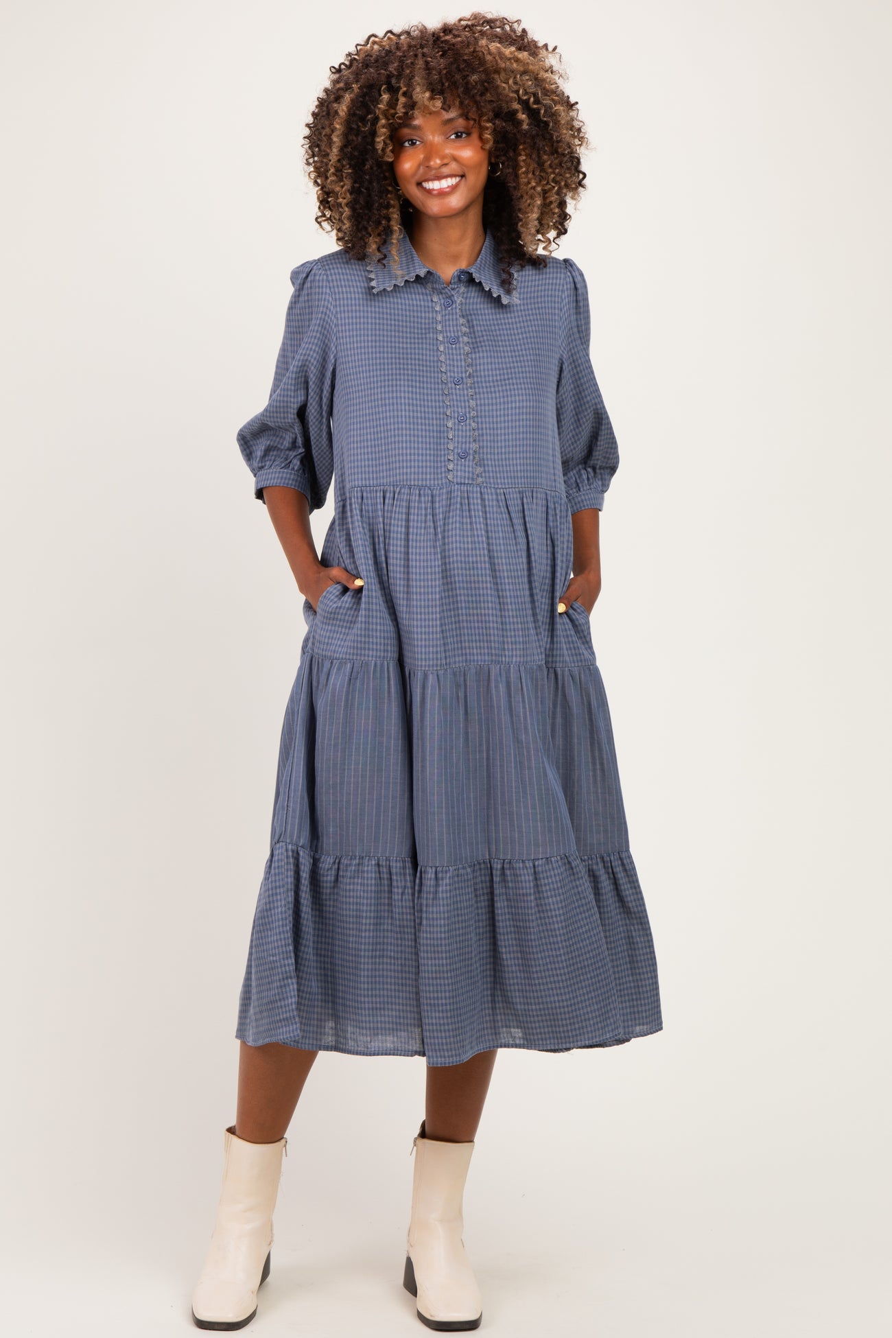 Blue Gingham Button Up Tiered Maternity Midi Dress