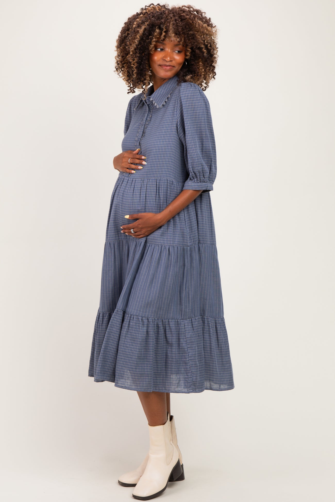 Blue Gingham Button Up Tiered Maternity Midi Dress