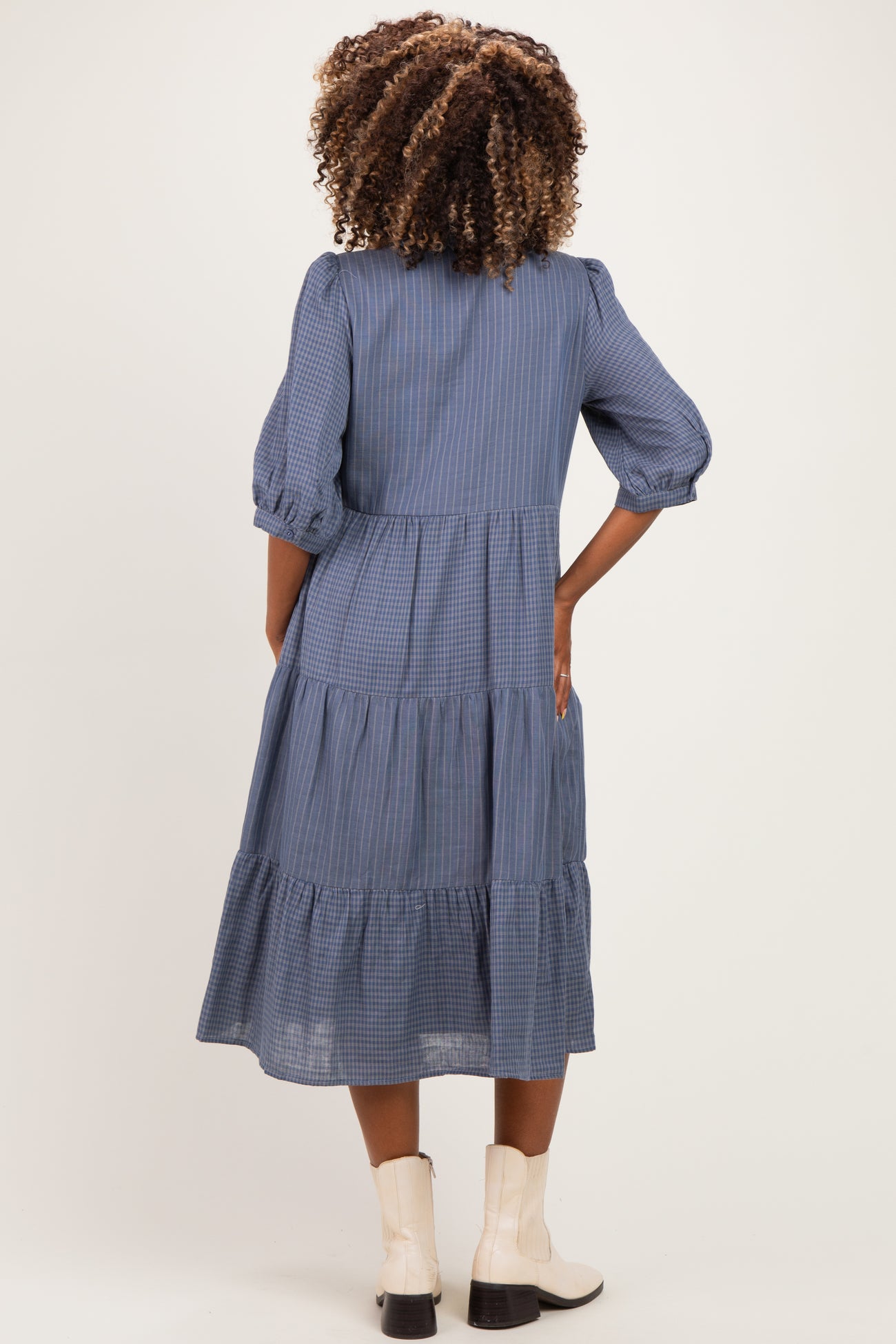Blue Gingham Button Up Tiered Maternity Midi Dress