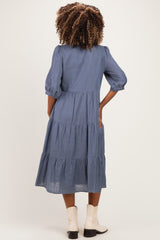 Blue Gingham Button Up Tiered Maternity Midi Dress