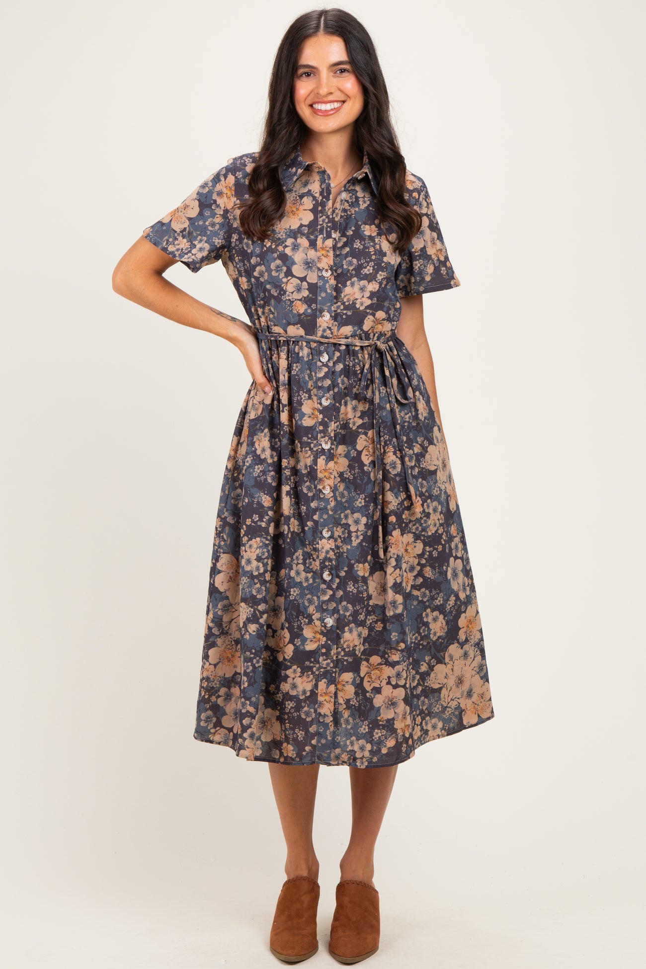 Navy Blue Floral Button Up Maternity Midi Dress
