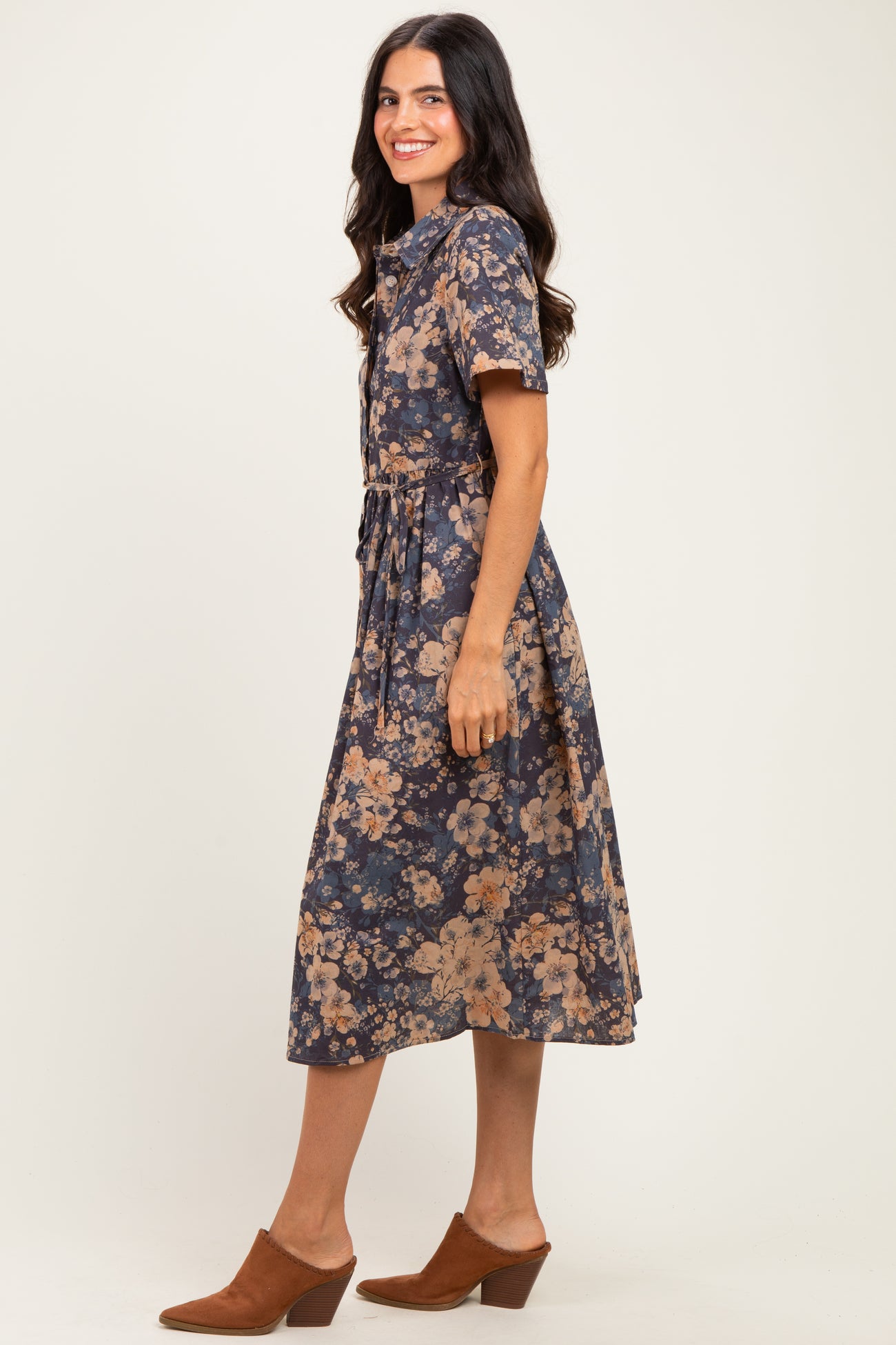Navy Blue Floral Button Up Midi Dress