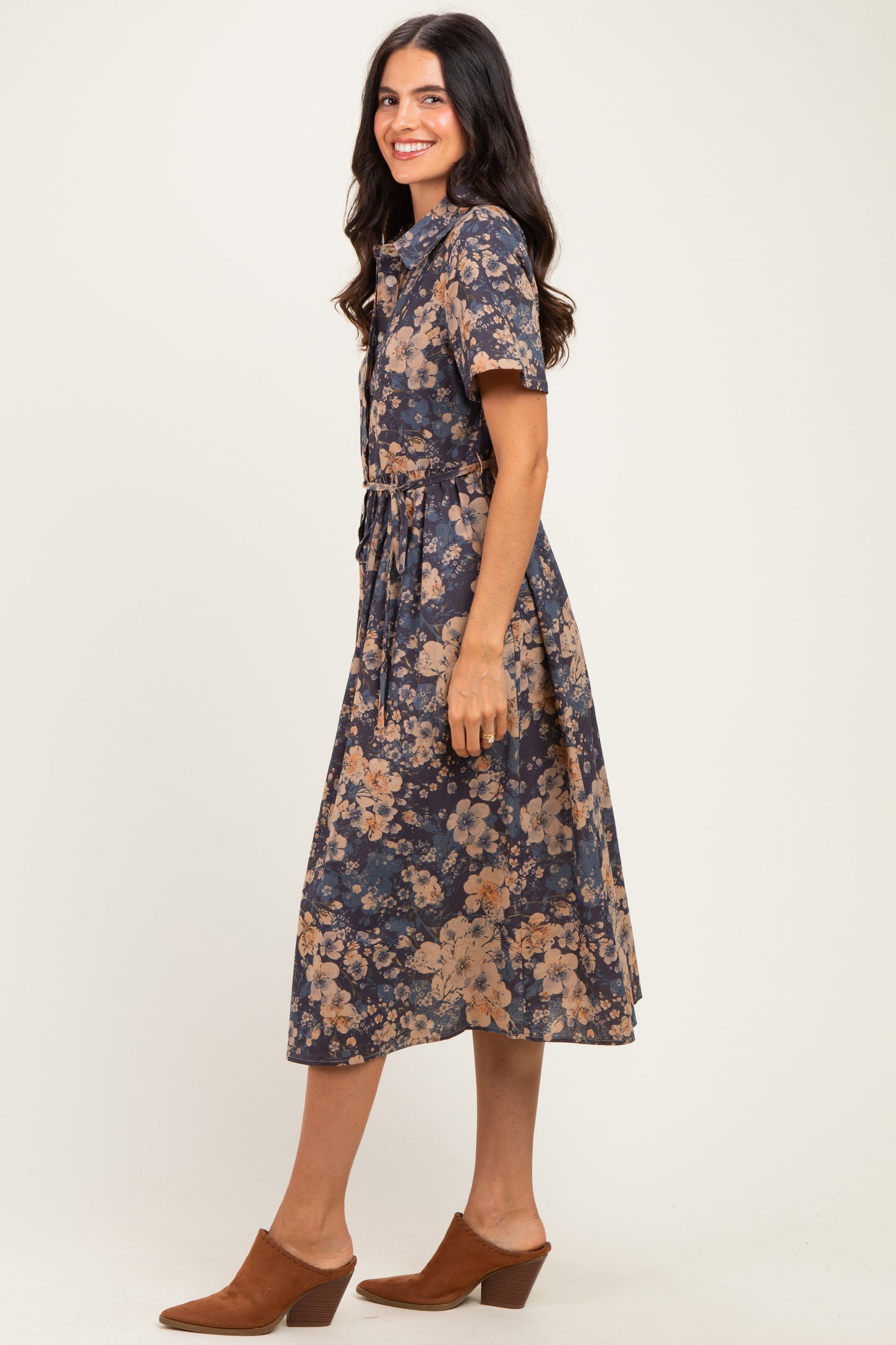 Navy Blue Floral Button Up Midi Dress