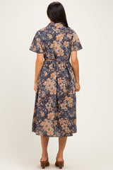 Navy Blue Floral Button Up Midi Dress