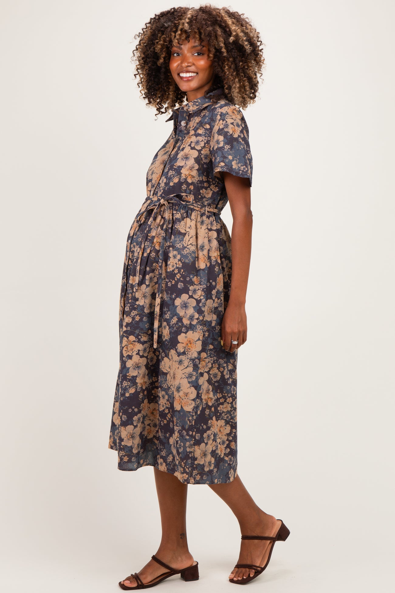 Navy Blue Floral Button Up Maternity Midi Dress