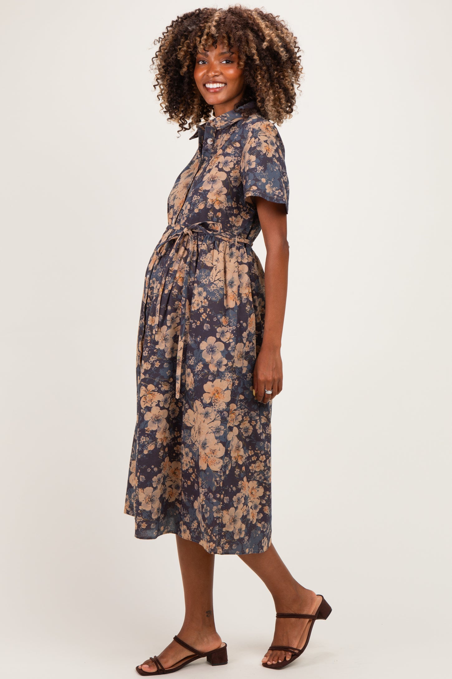 Navy Blue Floral Button Up Maternity Midi Dress