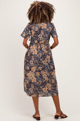 Navy Blue Floral Button Up Maternity Midi Dress