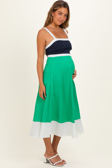 Navy Green Colorblock Sleeveless Maternity Midi Dress