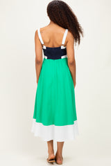 Navy Green Colorblock Sleeveless Midi Dress