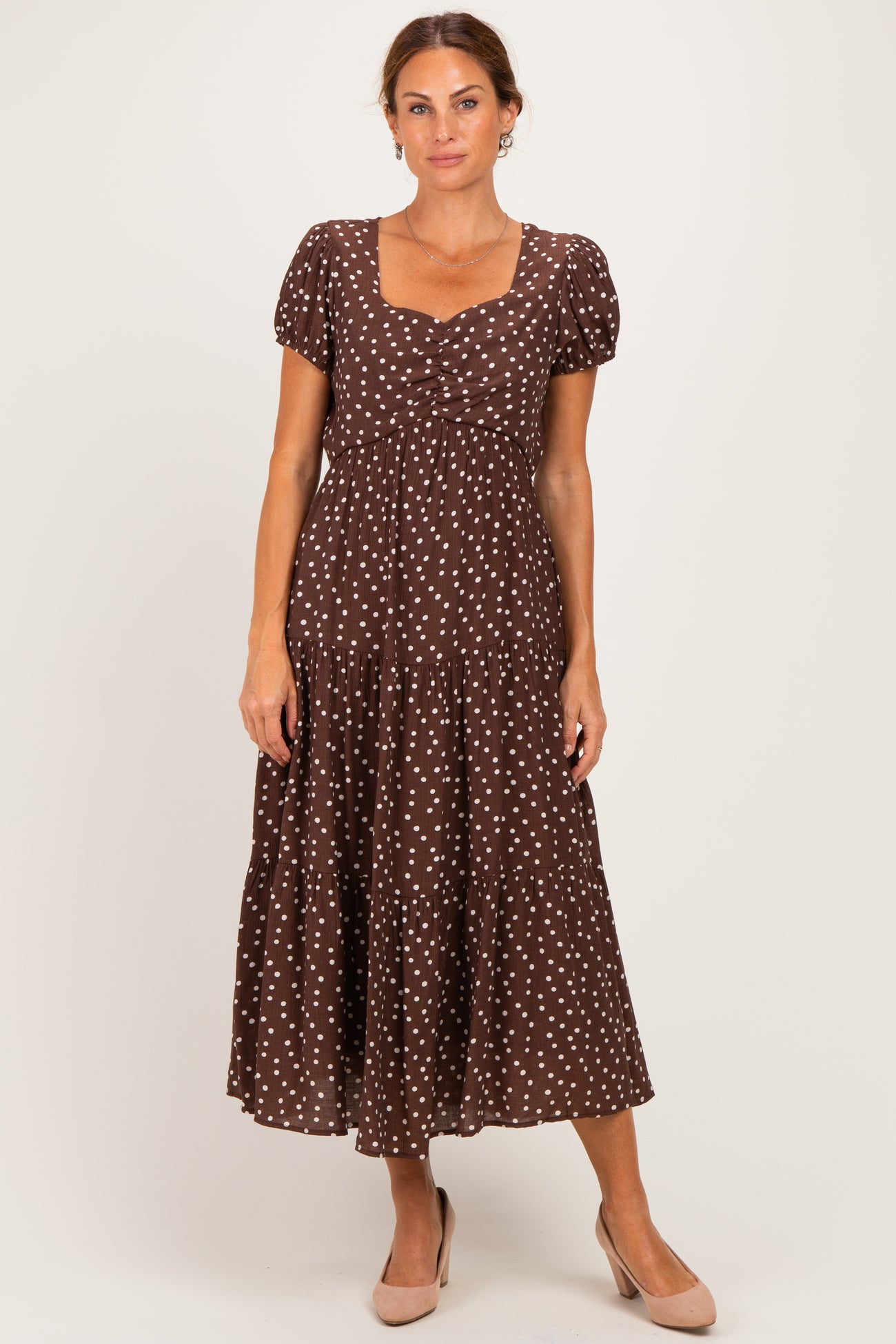 Brown Polka Dot Short Sleeve Midi Dress