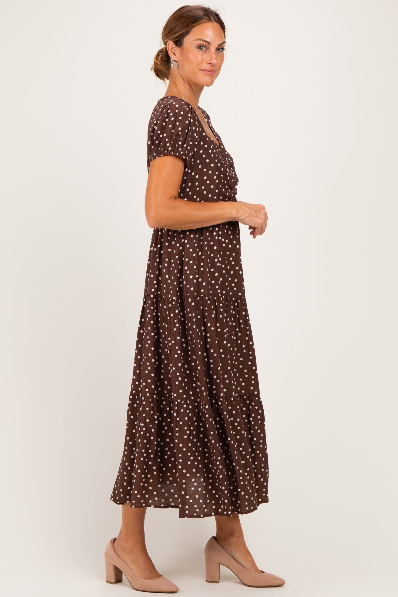 Brown Polka Dot Short Sleeve Midi Dress