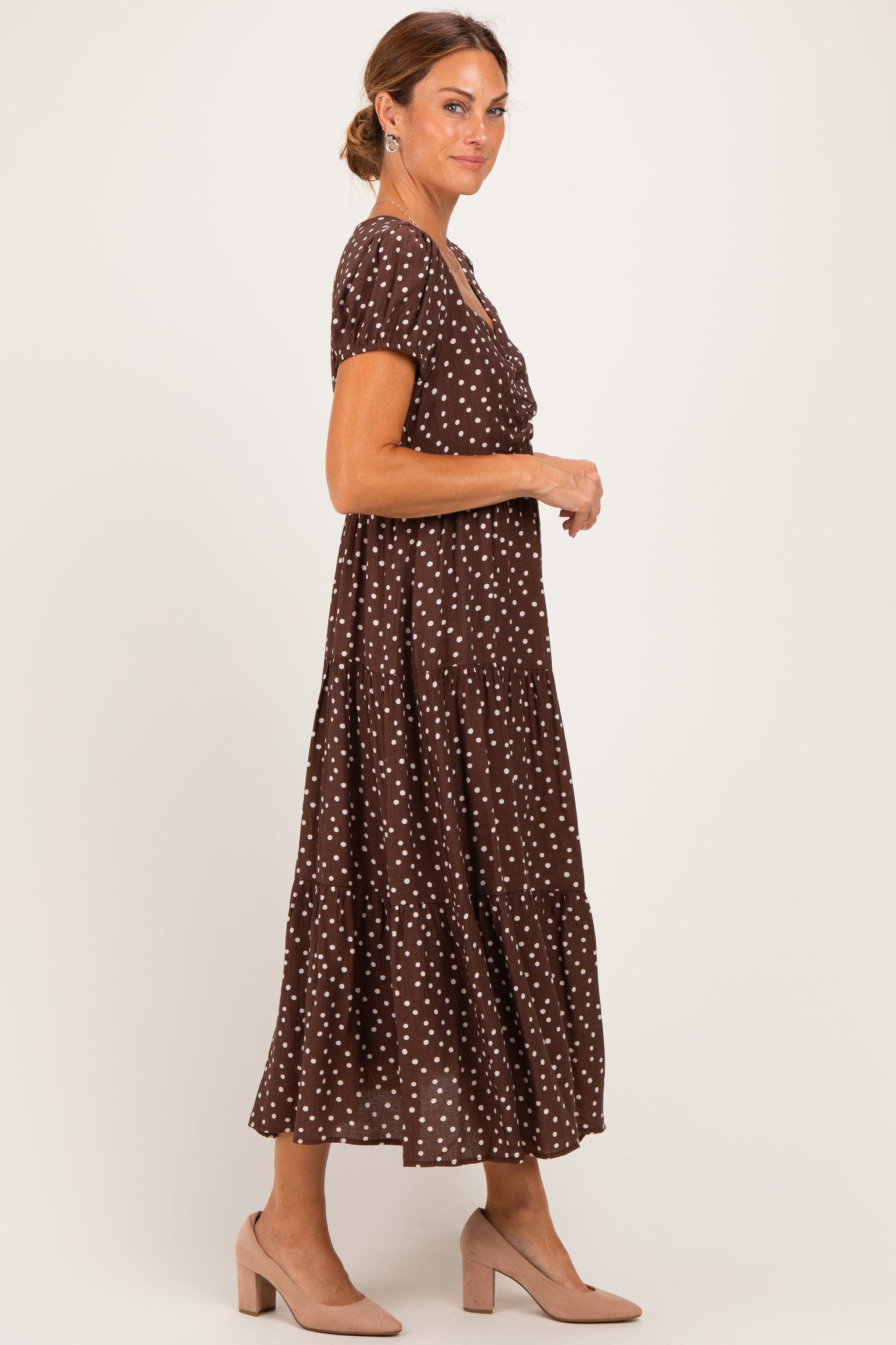 Brown Polka Dot Short Sleeve Midi Dress