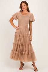 Brown Smocked Square Neck Tiered Midi Dress