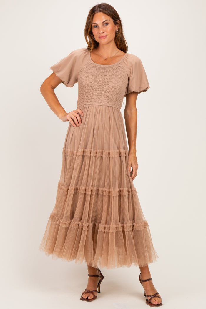 Brown Smocked Square Neck Tiered Maternity Midi Dress