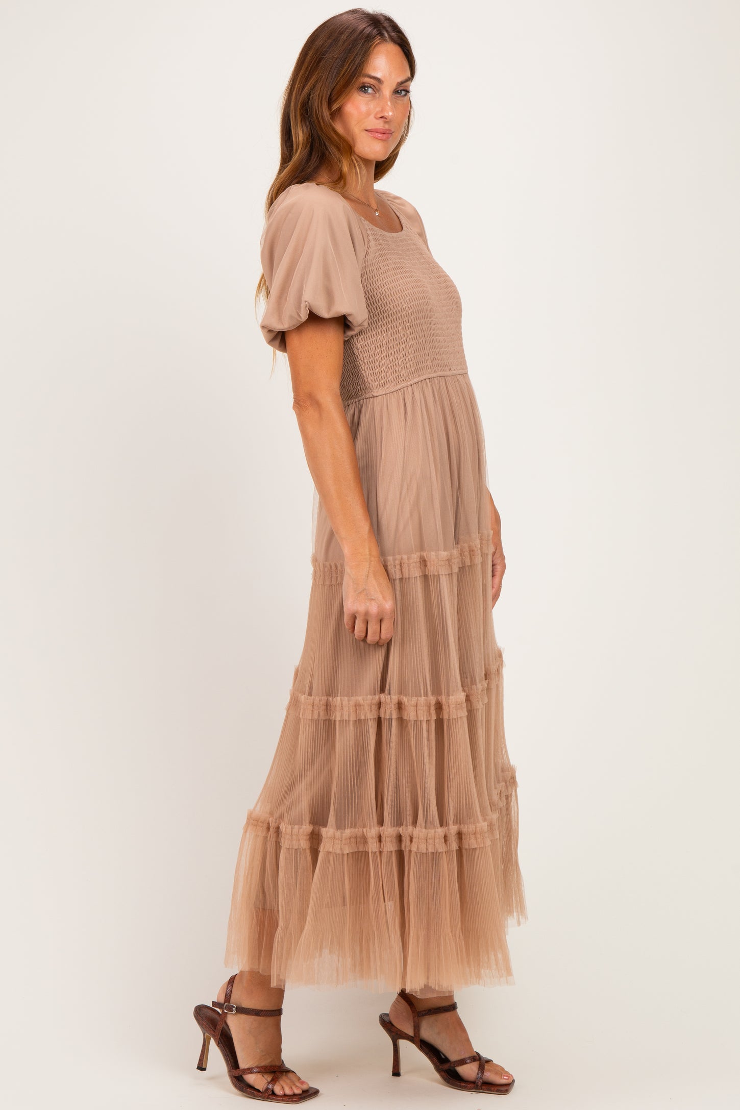 Brown Smocked Square Neck Tiered Midi Dress