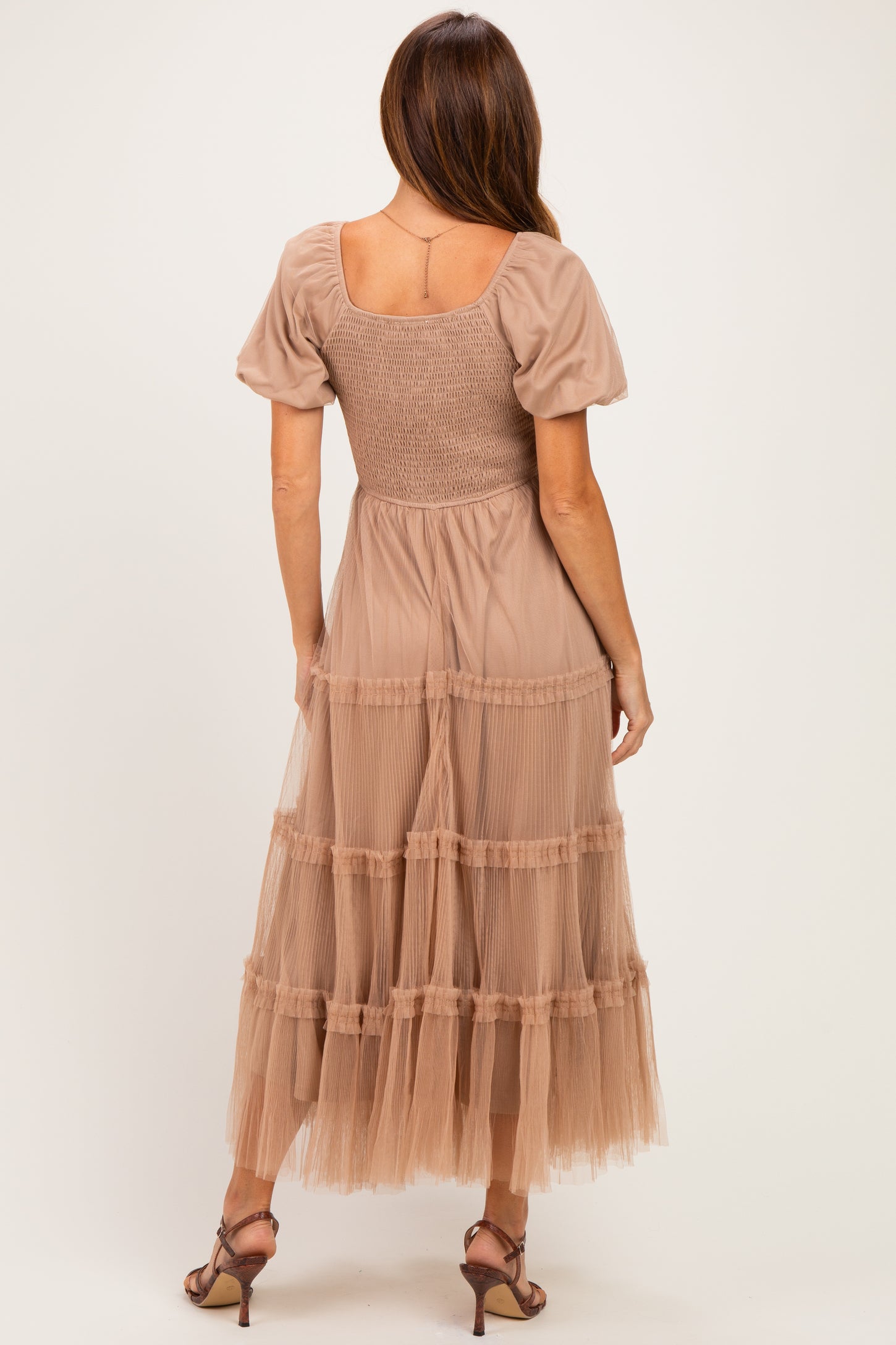 Brown Smocked Square Neck Tiered Midi Dress