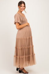 Brown Smocked Square Neck Tiered Maternity Midi Dress