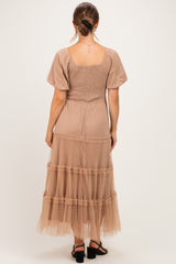 Brown Smocked Square Neck Tiered Maternity Midi Dress