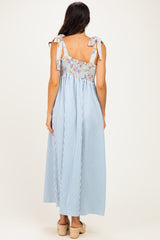 Blue Striped Sleeveless Smocked Floral Maxi Dress