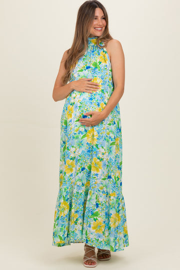 Blue Floral Halter Maternity Maxi Dress