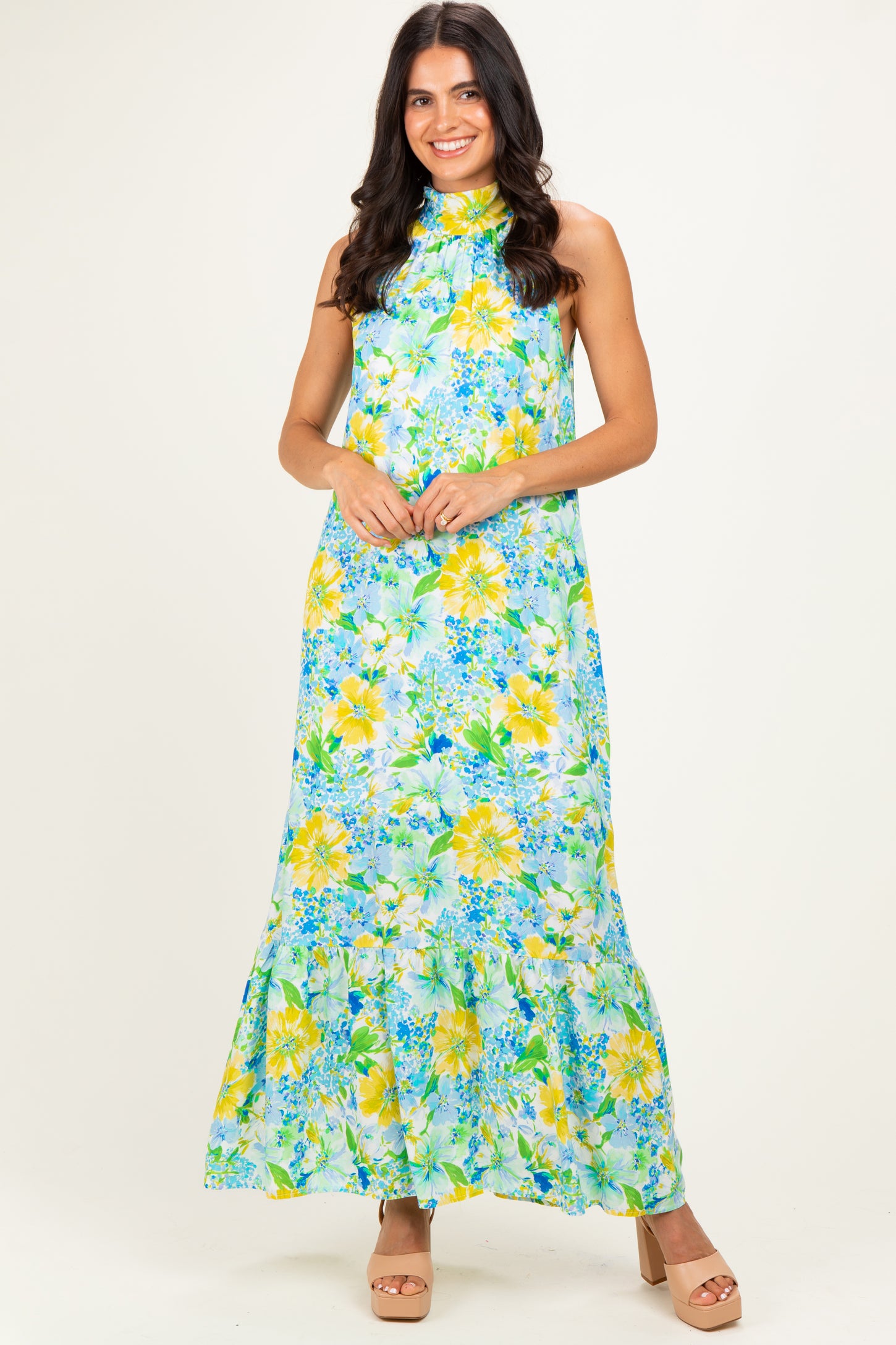 Blue Floral Halter Maxi Dress