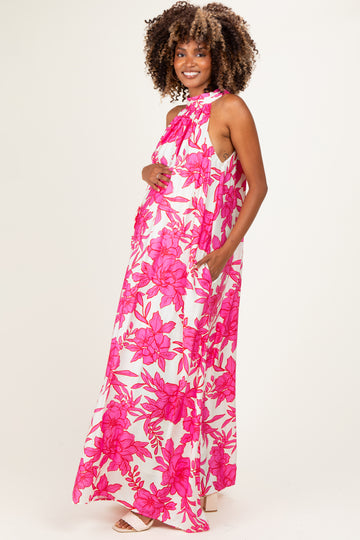 Pink Floral Halter Maternity Maxi Dress