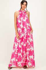 Pink Floral Halter Maxi Dress