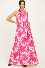 Pink Floral Halter Maxi Dress