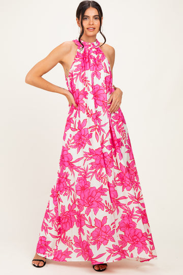 Pink Floral Halter Maxi Dress