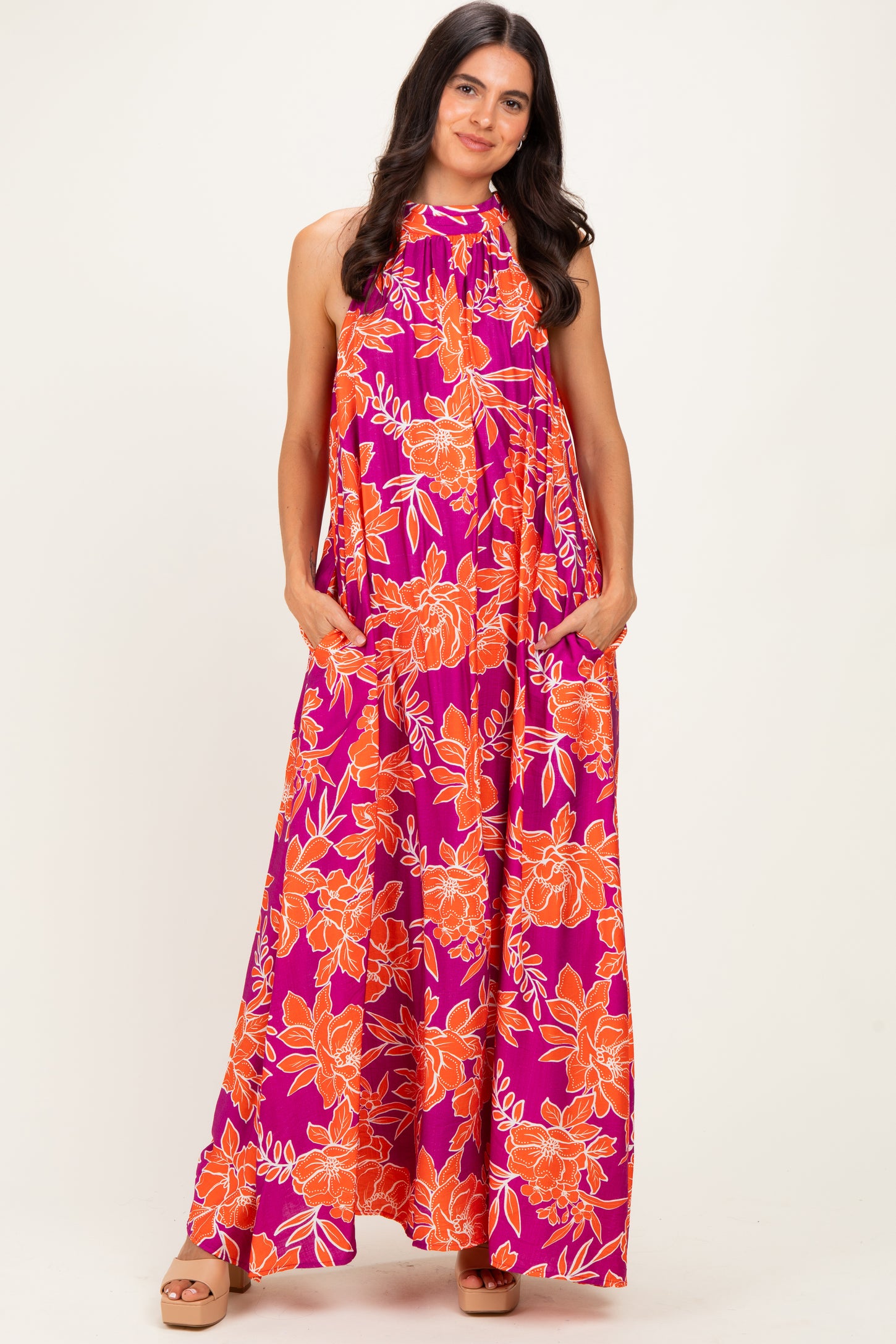Plum Floral Halter Maternity Maxi Dress