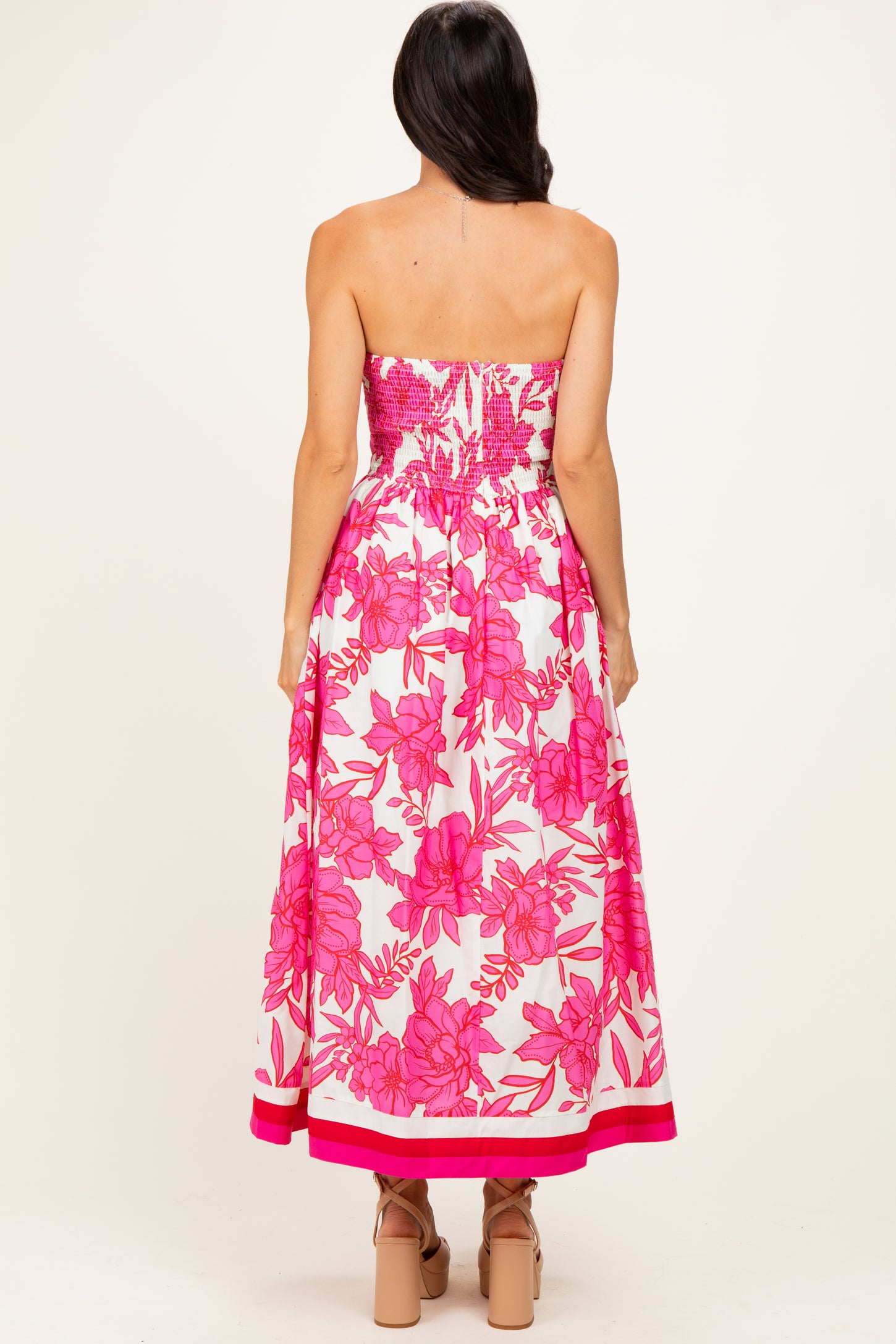 Pink Floral Strapless Midi Dress